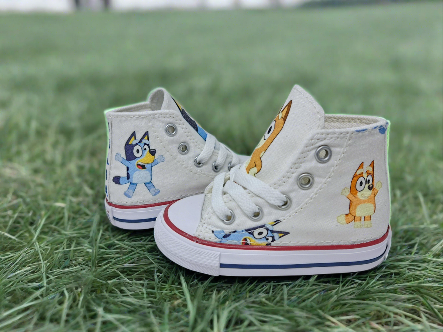 Custom Bluey Bingo Converse Shoes, personalized unisex toddler sneakers,licensed fabric sewn directly onto shoe by Hallwayzdesigns.com Bluey and Bingo birthday high top trainers free shipping, Children Bluey Footwear