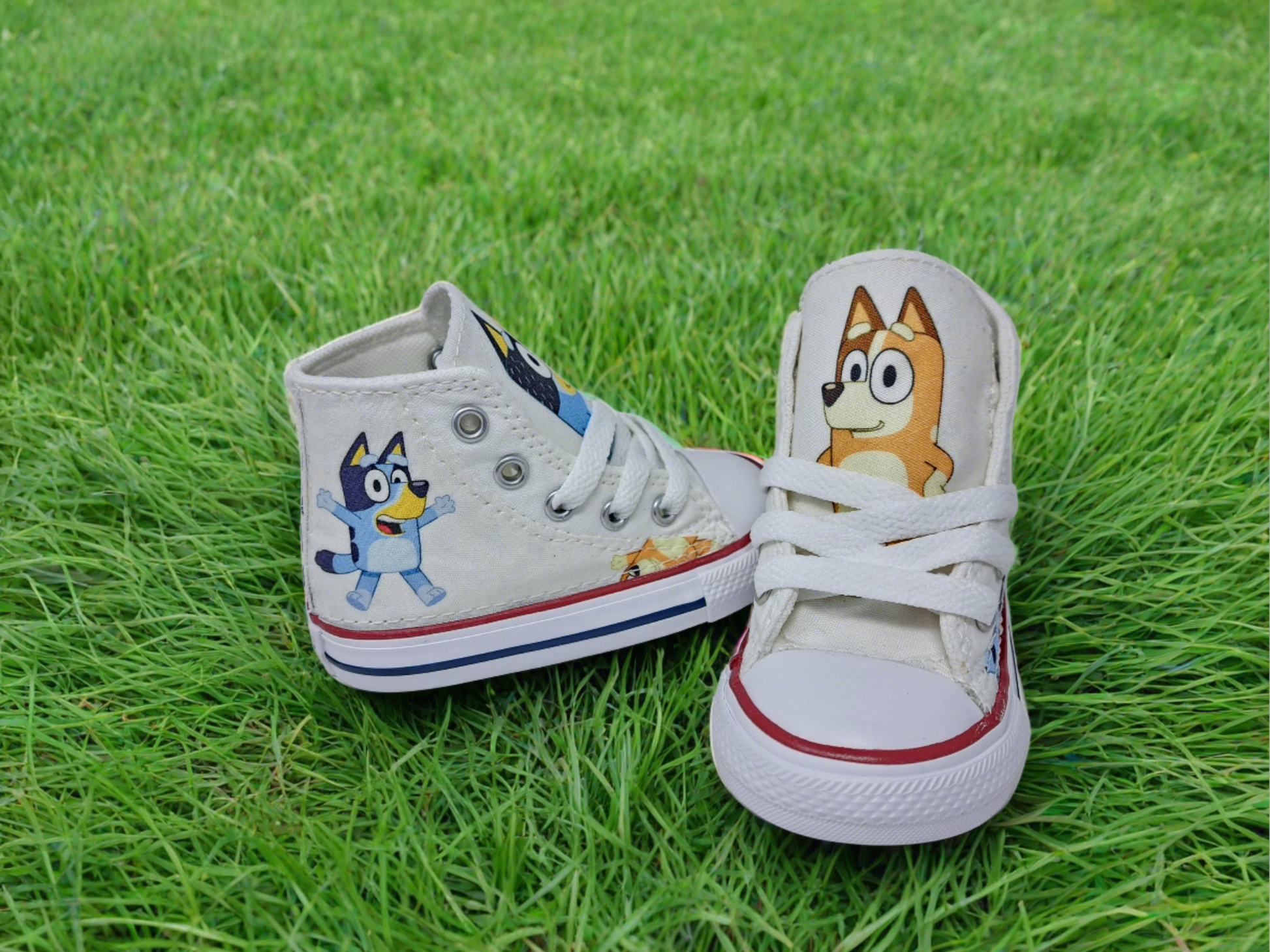 Custom Bluey Bingo Converse Shoes, personalized unisex toddler sneakers,licensed fabric sewn directly onto shoe by Hallwayzdesigns.com Bluey and Bingo birthday high top trainers free shipping, Children Bluey Footwear