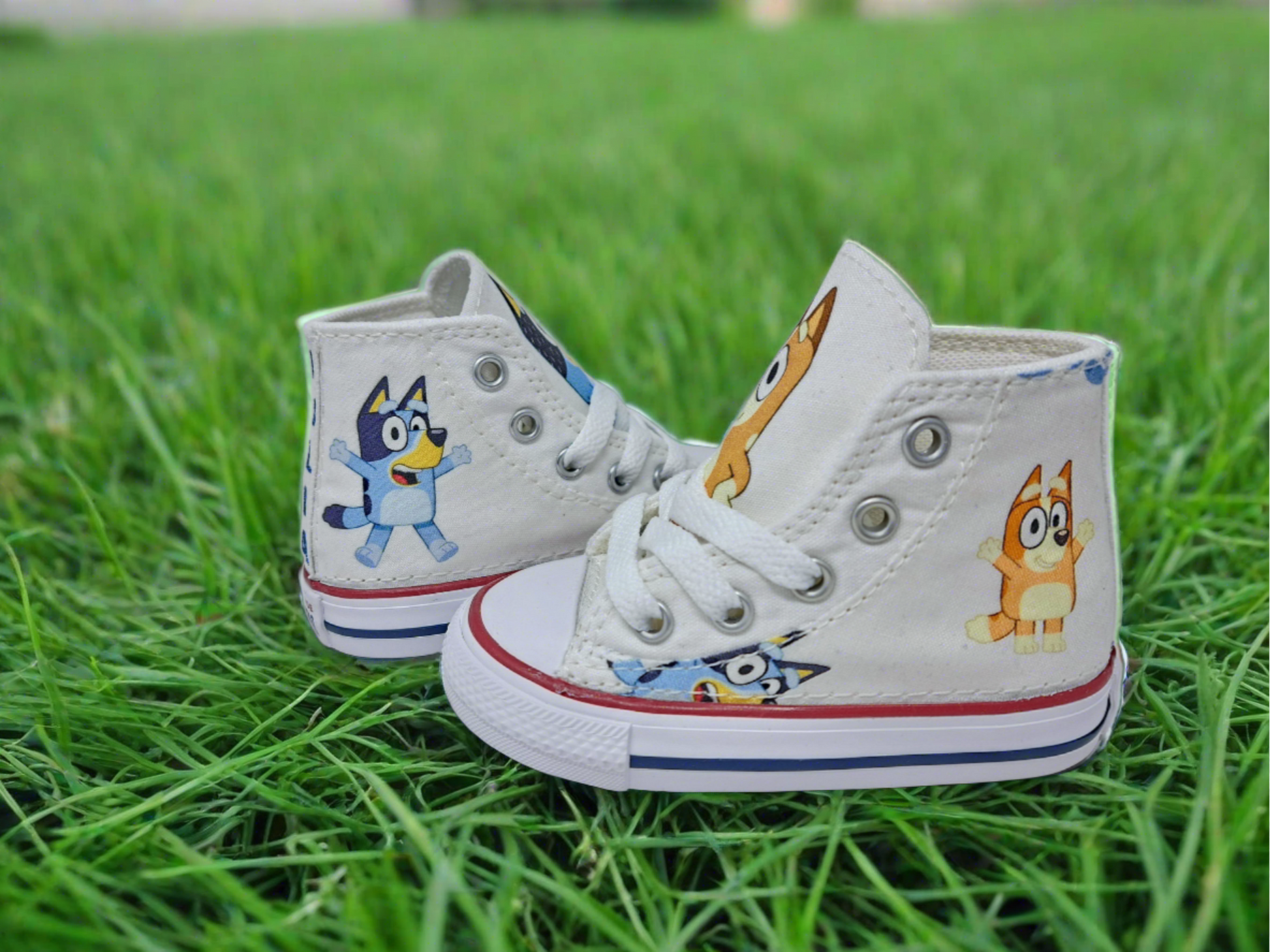 Custom Bluey Bingo Converse Shoes, personalized unisex toddler sneakers,licensed fabric sewn directly onto shoe by Hallwayzdesigns.com Bluey and Bingo birthday high top trainers free shipping, Children Bluey Footwear