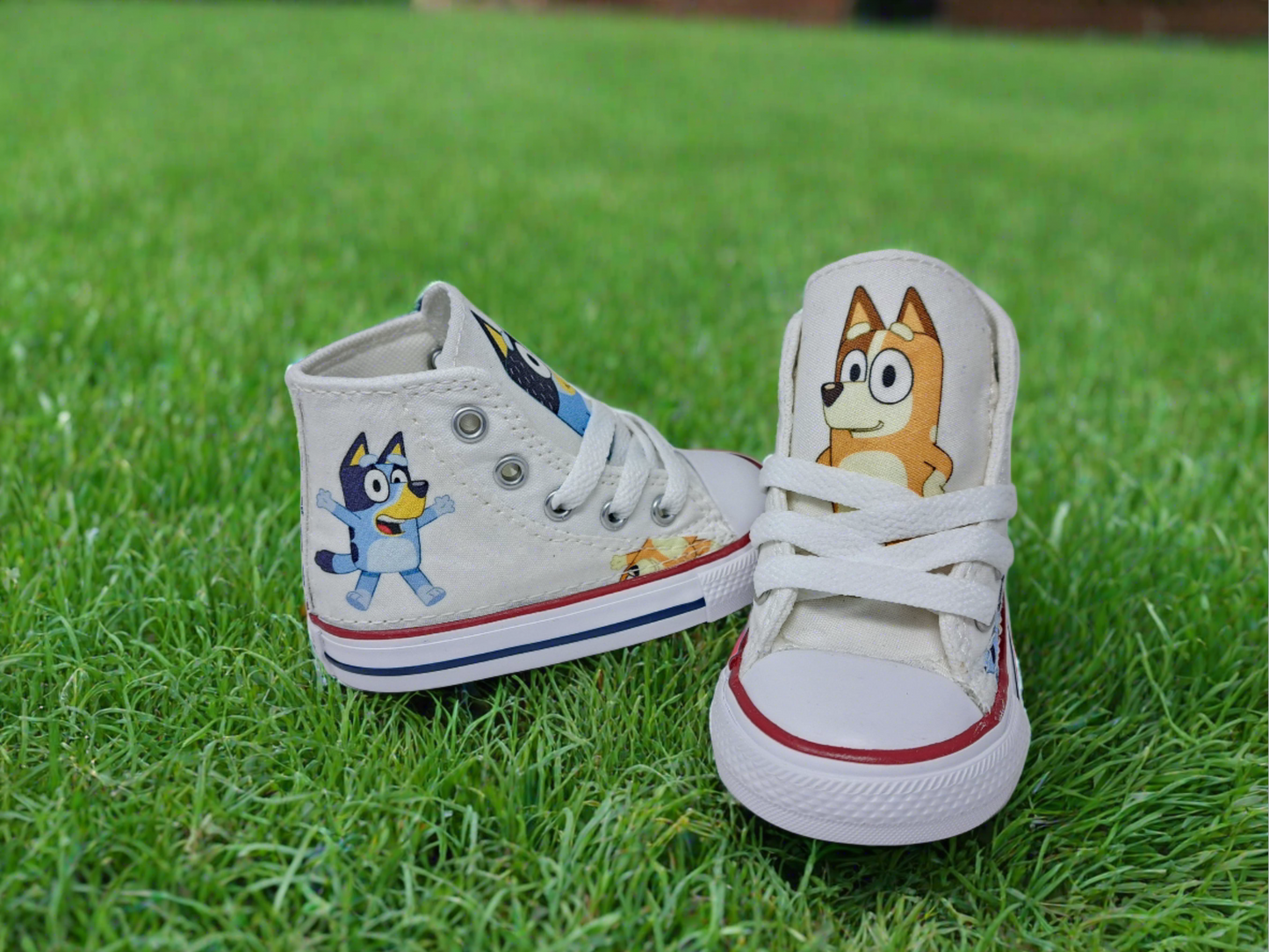 Custom Bluey Bingo Converse Shoes, personalized unisex toddler sneakers,licensed fabric sewn directly onto shoe by Hallwayzdesigns.com Bluey and Bingo birthday high top trainers free shipping, Children Bluey Footwear