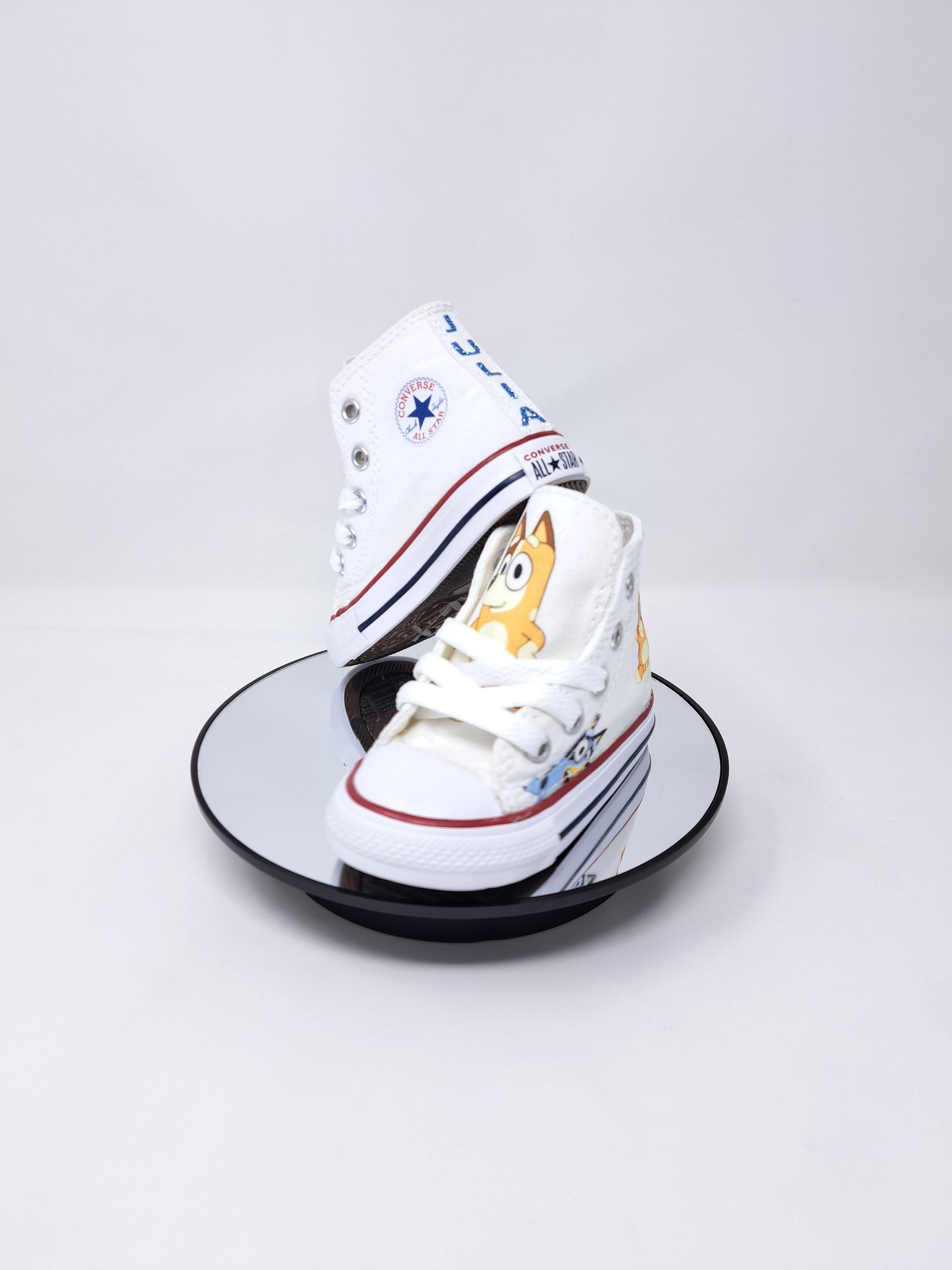 Custom Bluey Bingo Converse Shoes, personalized unisex toddler sneakers,licensed fabric sewn directly onto shoe by Hallwayzdesigns.com Bluey and Bingo birthday high top trainers free shipping, Children Bluey Footwear