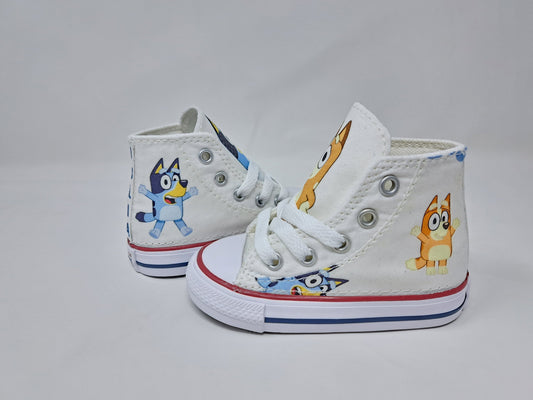 Custom Bluey Bingo Converse Shoes, personalized unisex toddler sneakers,licensed fabric sewn directly onto shoe by Hallwayzdesigns.com Bluey and Bingo birthday high top trainers free shipping, Children Bluey Footwear