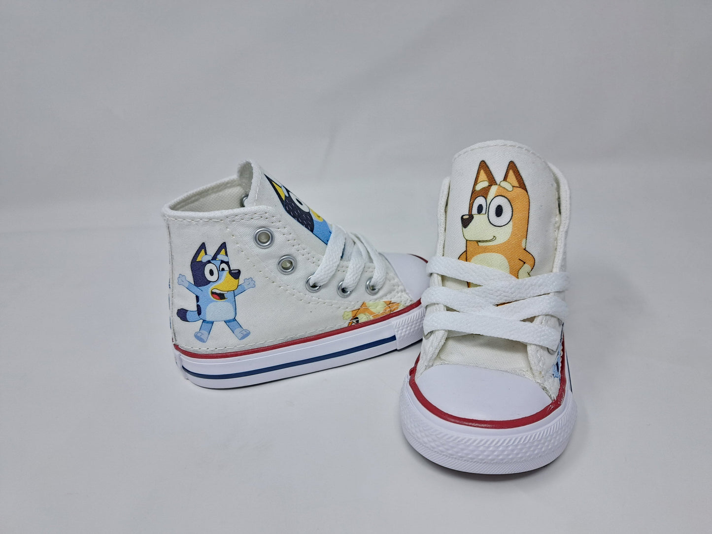 Custom Bluey Bingo Converse Shoes, personalized unisex toddler sneakers,licensed fabric sewn directly onto shoe by Hallwayzdesigns.com Bluey and Bingo birthday high top trainers free shipping, Children Bluey Footwear